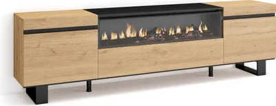 A modern TV cabinet with an integrated electric fireplace, presented against a white background.