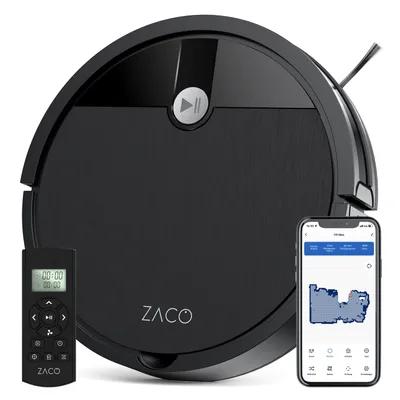 A black ZACO V4 Max robot vacuum cleaner is shown with its remote control and a smartphone displaying the app interface.