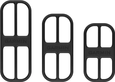 Three black Garmin cadence sensors of different sizes are displayed against a white background.