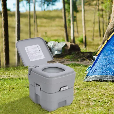 Produktbild von Campingtoilette 20 L spülbar, Mobil-WC Camping-WC mit Abwassertank, Kunststoff, Grau | 35,5 x 41 x 42,5 cm | 10 L Frischwassertank | Kolbenpumpe