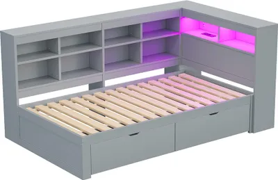 Produktbild von Sweiko Massivholzsofa 90x200 cm, Mit Ablagefächern, Bett mit USB- und Steckdose mit LED-Leiste, Mit Regalen und Ablagefächern,   Einzelholzbett, Grau