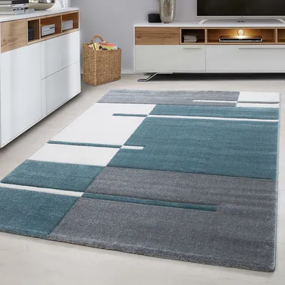 Image de Ayyildiz | Tapis Moderne Hawaii 3D - 280 cm x 370 cm - Gris-Cr?me-Turquoise - Design Géométrique Élégant