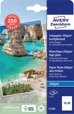 Produktbild von Avery Zweckform C2560 Premium Inkjet Fotopapier, 13x18, einseitig beschichtet, 250 g/m², 50 Blatt