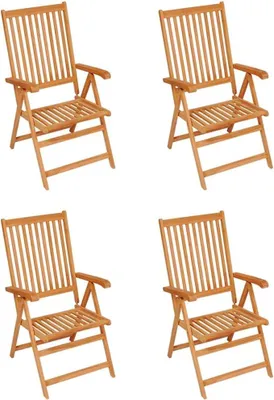 Produktbild von 4 klappbare Gartenstühle aus Teakholz mit cremeweißen Kissen, 7-fach verstellbarer Rückenlehne und einer Belastbarkeit von bis zu 110 kg