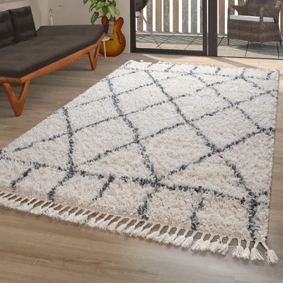 Produktbild von TT Home Teppich Wohnzimmer Shaggy Modern Rautenmuster Hochflor Karo In Creme Blau Größe 80x150 cm