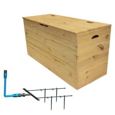 A wooden storage box and a garden irrigation system are shown against a white background.
