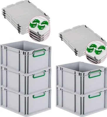 Produktbild von SparSet 5x Eurobox NextGen Color mit Auflagedeckel und Schiebeschnappverschlüsse | HxBxT 22x30x40cm | 20 Liter | Grau | Griffe grün geschlossen | Glatter Boden | Eurobehälter, Transportbox, Transportbehälter, Stapelbehälter