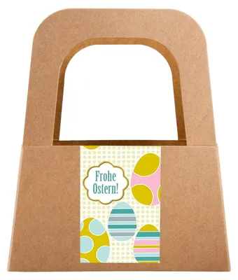 Produktbild von 5 kleine Henkelkörbe aus Kraftpapier mit Osteraufkleber grün blau - Frohe Ostern Geschenkverpackung
