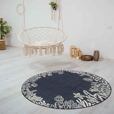 Produktbild von In- und Outdoor Teppich Terrassen & Balkon Küche Teppich Meeres Design Muscheln Turkis, Farbe:Blau, Maße:Ø 160 cm Rund