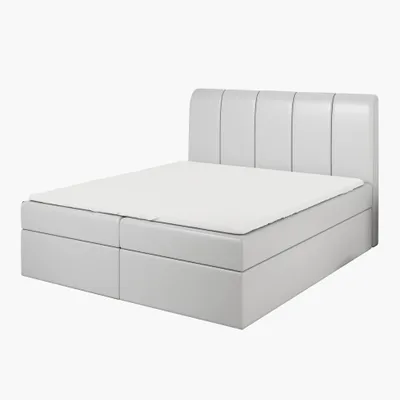 Produktbild von Boxspringbett KALF 180x200 mit Bettkasten, Topper und gepolstertem Kopfteil. Farbe: Hellgrau