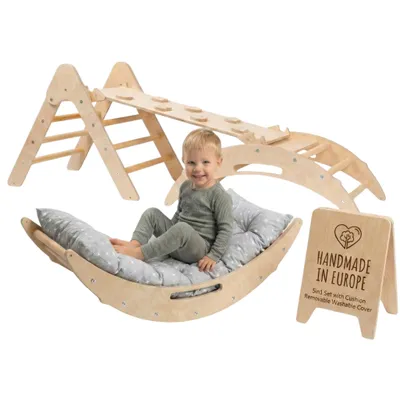 Produktbild von WoodsCraft - Handmade 5in1 Montessori Kletterset aus Holz: Kletterdreieck, Kletterbogen mit Kissen & 2in1: Rutsche Indoor/Klettern Rampe