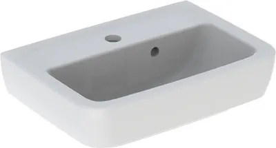 A white rectangular sink with rounded edges is shown from a slightly elevated front-left angle against a white background.