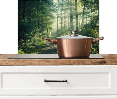 Produktbild von KitchenYeah® Spritzschutz Küche - Küchenrückwand - Wandschutz für Herd und Spüle - Wald - Weg - Sonne - Bäume - Grün - Natur 70x50 - Alu-Dibond (Alternative zum Spritzschutz aus Glas) - Hitzebeständi