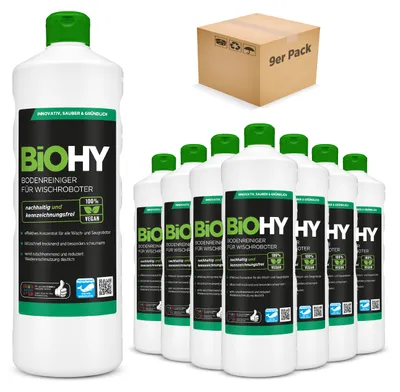 Produktbild von BiOHY Bodenreiniger für Wischroboter 9er Sparpack (9x1l), Glanzreiniger, Bodenwischpflege, -Konzentrat – 9er Pack (9 x 1 Liter Flasche)