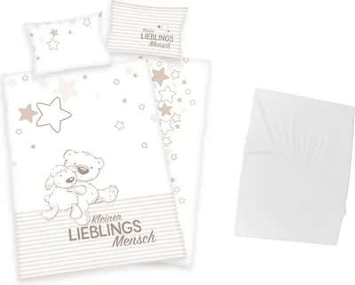 Produktbild von 3 tlg Baby Bettwäsche Set - Lieblings Mensch Beige - Flanell - 40x60 100x135 cm + 1 Spannbettlaken weiß 60x120 - 70x140 cm
