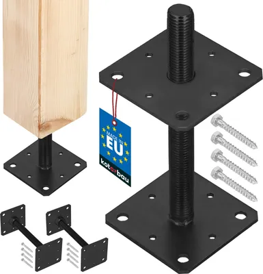 A product image displaying various post anchors and a wooden post.