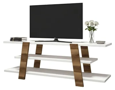 Produktbild von Fernsehschrank Mir, Ständer für Wohnzimmerfernseher, Niedriges Wohnzimmer-Sideboard, TV-Ständerbasis, 120x34h42 cm, Walnuss und Weiß