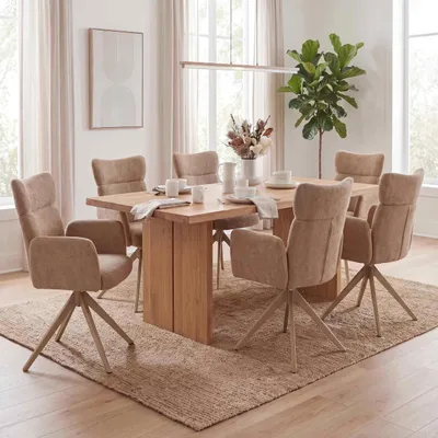 Produktbild von 6er-Set Esszimmerstuhl HWC-N11, Stuhl, drehbar Auto-Return Stoff Bouclé 350g/m² hellbraun, Beine Holz-Optik