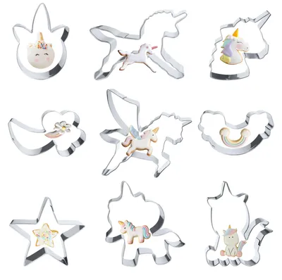 Produktbild von 9-teiliges Ausstechformen-Set: Einhorn, Pferd, Regenbogen, Wolke, Stern, Einhornkopf, Ausstechformen aus Edelstahl, Pony-Ausstechformen, Geschenk für Kindergeburtstage und Kuchen.
