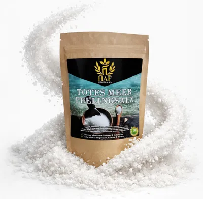 Produktbild von HAF – Totes Meer Peelingsalz (1 x 1 kg Beutel) – Naturreines Körper-Peeling aus Jordanien. Für trockene Haut & Gesicht in Sauna oder Dusche verwendbar