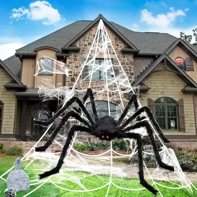 Zdjęcie produktu dla Halloweenowa dekoracja zewnętrzna pająk 127 cm gigantyczny pająk z pajęczyną 50 cm - przerażająca dekoracja na Halloween
