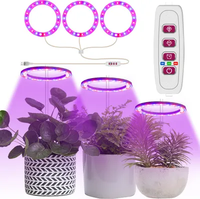 Obrázek produktu pro Časovač LED lampy na rostliny, stmívatelná lampa na květináče, LED rostoucí lampa červená + modrá, rostoucí lampa pro pokojové rostliny ve skleníku, 3 kroužky