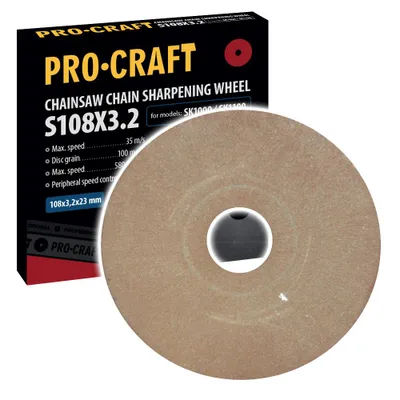 A product shot of a chainsaw chain sharpening wheel and its packaging.