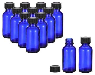 Produktbild von 12 Stück Glas-Musterflaschen von 30ml mit schwarzen Deckeln