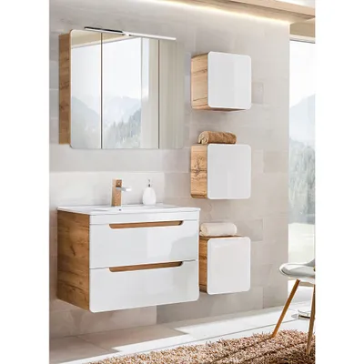 Produktbild von Badmöbel Set in Hochglanz weiß mit Wotan Eiche Nb. LUTON-56 mit LED-Spiegelschrank, B/H/T ca. 130/200/46 cm