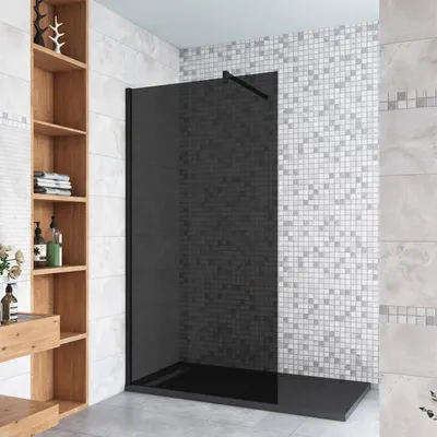 A modern bathroom with a black glass shower enclosure and wooden shelves.