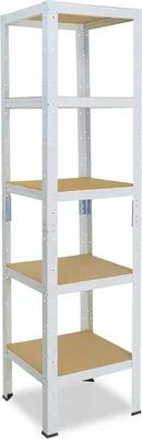 A white metal shelving unit with five wooden shelves against a white background.