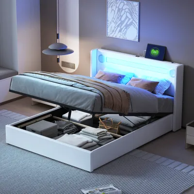 Produktbild von UnboxG Polsterbett 140x200cm mit USB, Jugendbett Doppelbett mit Lattenrost und Stauraum, Stauraumbett mit LED, Kunstleder, Weiß