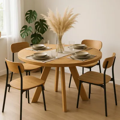 A round dining table set with placemats, plates, and glasses, with a vase of dried flowers in the center. Four chairs are placed around the table. A large potted plant is visible in the background.