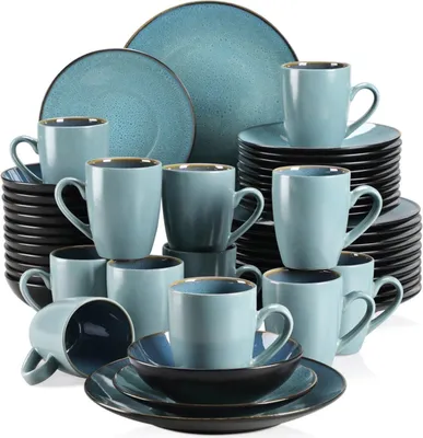 Immagine prodotto di Set da portata Happyment deluxe - 48 pezzi - 12 persone - porcellana - piatto da pranzo, piatto da dessert e moka - turchese