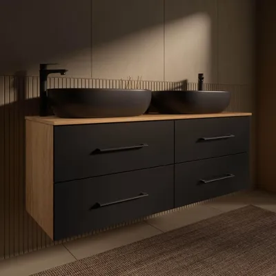 Produktbild von Planetmöbel LUX Badmöbel-Set Waschtisch mit Unterschrank  Gold Eiche/Anthrazit 140 cm hängend inkl. 2 Aufsatz-Waschbecken 60 cm schwarz