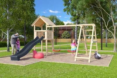Produktbild von Karibu Spielturm Lotti Satteldach + Rutsche + Gerüst / Doppelschaukel