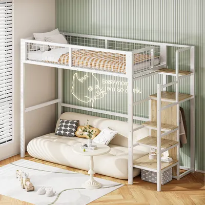 Produktbild von STILVORA 90x200 Hochbett mit Stauraumleiter und Aufbewahrungsregal,Jugendbett mit Kleiderschrank und Geländer,Einzelbett aus Eisen,Ohne Matratze,Weiß