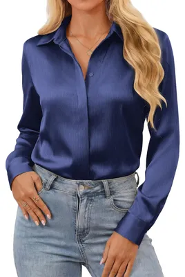 Productafbeelding van Dames Blouse - Lange Mouwen Satijnlook - Donkerblauw