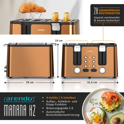 Produktbild von Arendo Toaster, 4 kurze Schlitze, für 4 Scheiben, 1750 W, Automatik, Edelstahl, Wärmeisolierendes Doppelwandgehäuse