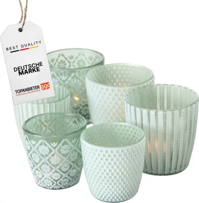 Produktbild von TOPANBIETER 999 Windlicht 6tlg. grün Glasdesign Höhe 6,5 / 8,5 cm Teelichter
