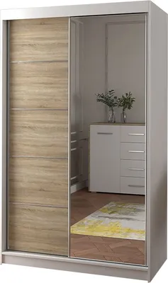 Produktbild von Kleiderschrank mit Spiegel Schwebetürenschrank 2-türig Schrank mit vielen Einlegeböden und Kleiderstange Gaderobe Schiebtüren Schlafzimmer- Wohnzimmerschrank Modern Design BxHxT 120 cm x 200 cm x 61 cm - Noah 05 (Weiß + Sonoma)