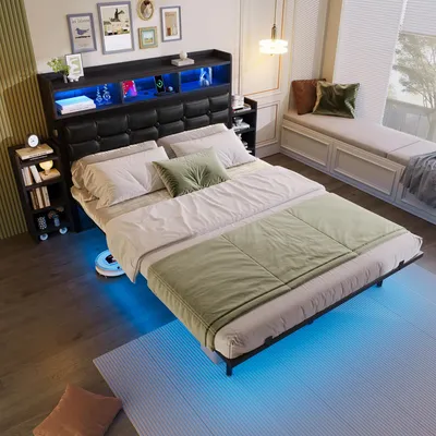 Image de Lit double 140*190 cm avec sommier à lattes et tête de lit, avec 2 tables de chevet coulissantes, avec compartiments de rangement, avec interface TYPE C et USB, avec LED, gris foncé