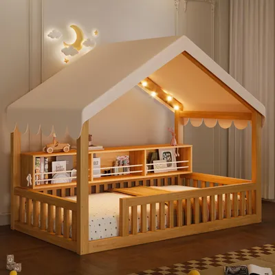 Zdjęcie produktu dla Łóżeczko dziecięce Flex, 90x200 cm, z daszkiem, łóżko-domek z baldachimem i półką na książki, łóżko na podłodze, jednoosobowe, łóżko zabaw z barierką ochronną, bez stelaża, wykonane z drewna