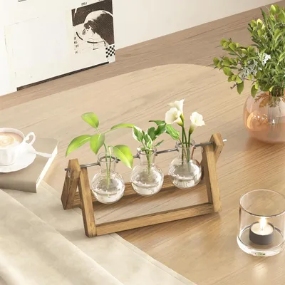 Produktbild von Bamworld Hydrokultur Pflanzenvermehrungsstation mit Holzständer – 3 Glasvasen für Wasserpflanzenaufzucht und Wohnkultur, Braun
