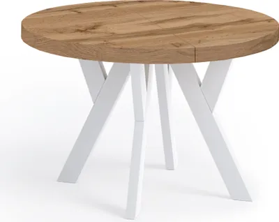 Produktbild von Runder Ausziehbarer Tisch für Esszimmer, PERO, Loft-Stil, Skandinavische, Durchmesser: 100 / 200 cm, Farbe: Eiche Wotan / Weiß