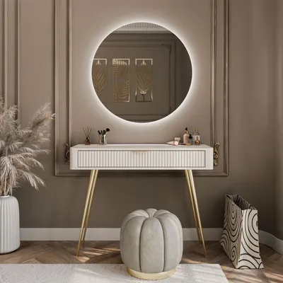 Productafbeelding van Make-uptafel SCARLETT, beige, met ronde LED-spiegel