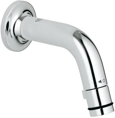 A chrome and white faucet spout mounted on a wall.