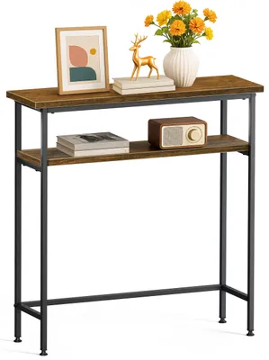 Obrázek produktu pro VOUNOT® Úzký konzolový stolek se 2 policemi, předsíňový stolek z kovu a MDF, průmyslový design 75×24×75 cm, hnědá barva