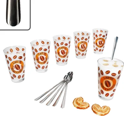 Produktbild von 12tlg Set Cremona Latte Macchiato Gläser orange + Style Art Löffel L19cm 6 Pers.