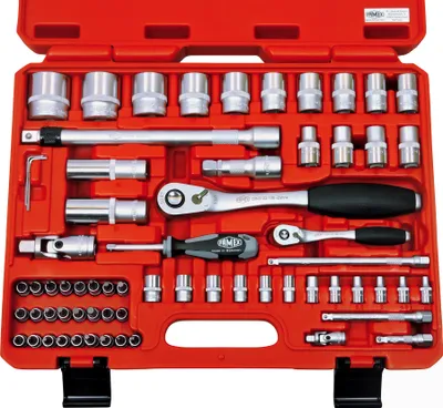 An open red tool case filled with various sockets, ratchets, and extensions.